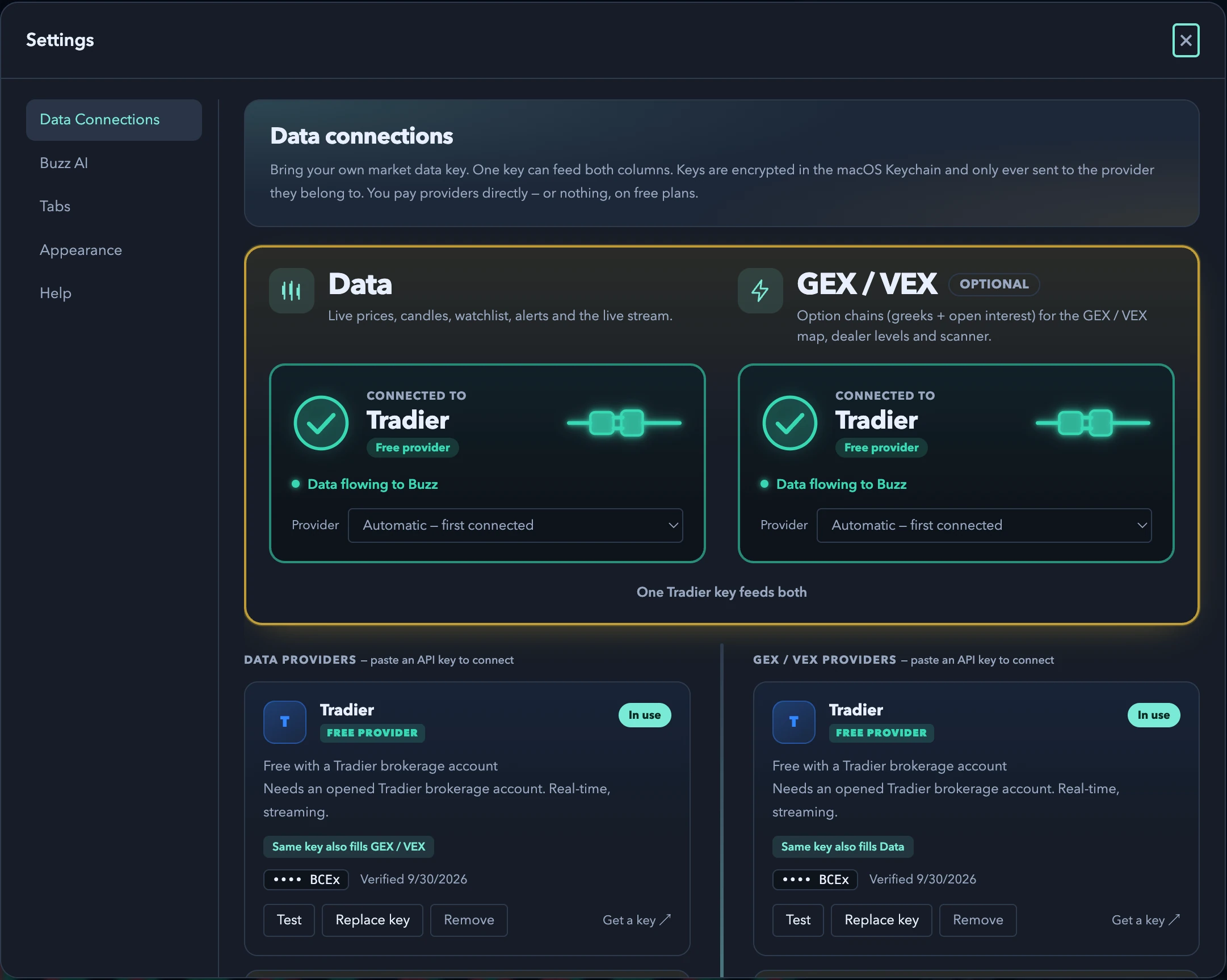 Buzz Charts Settings, Data connections: one free Tradier key connected to both the Data and GEX/VEX columns, with the provider lists below