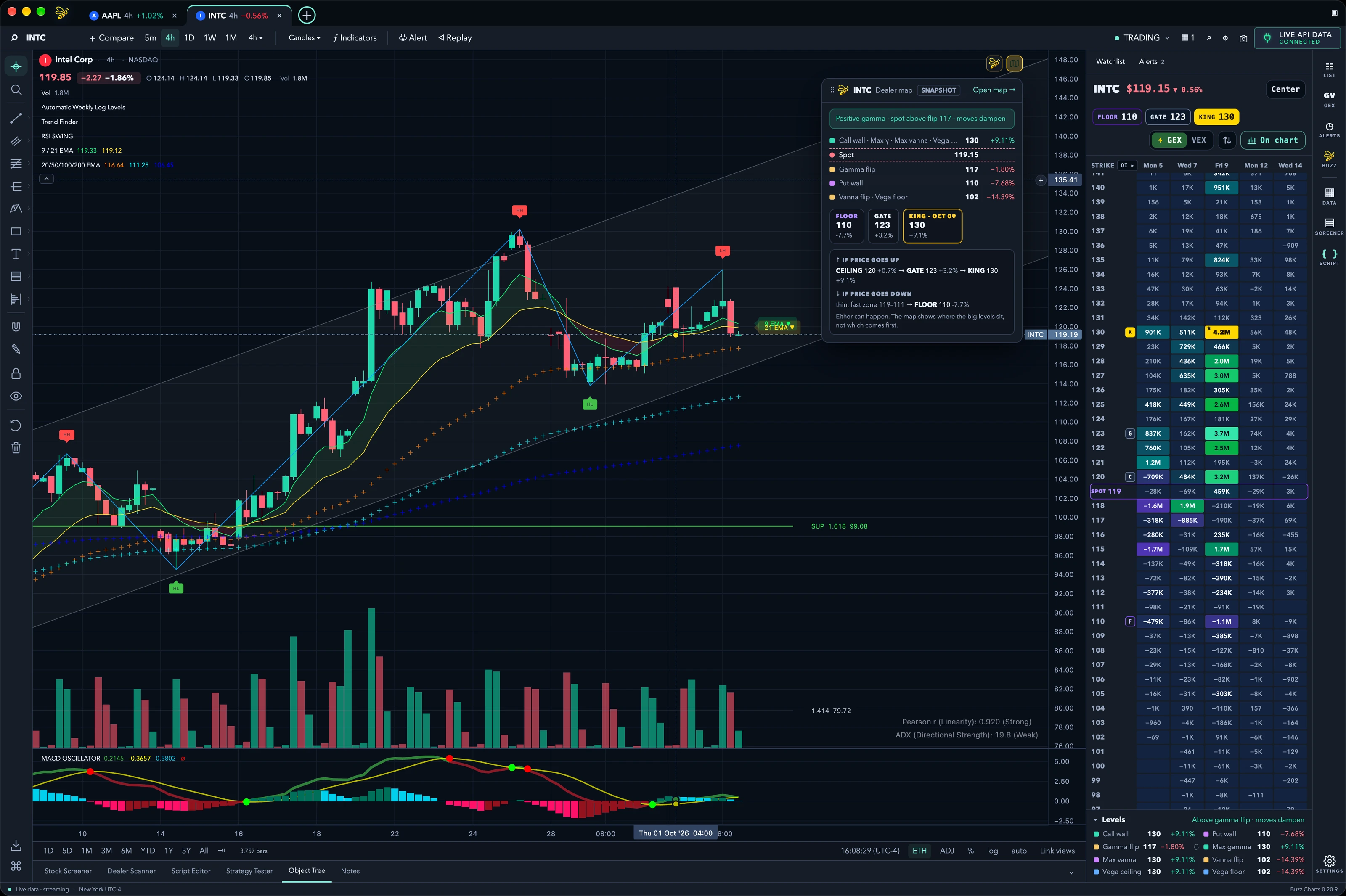 Buzz Charts on an INTC 4h chart with the bee cheat sheet open and the GEX/VEX map beside it: FLOOR 110, GATE 123, KING 130